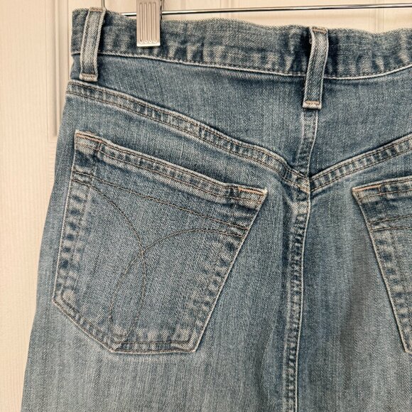 Calvin Klein Vintage Mini Jean Skirt, Blue, Medium Wash with Middle Slit, 2 - Picture 10 of 16